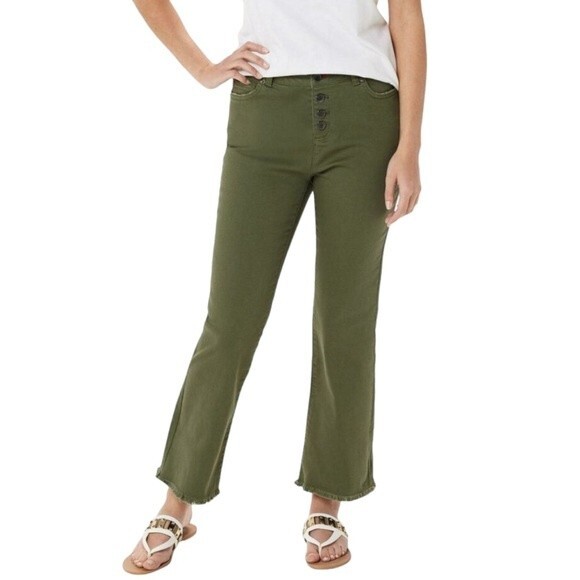 Peace Love World Olive Green Raw Hem Button Front Flare Jeans Women’s Size 2 - Picture 1 of 12